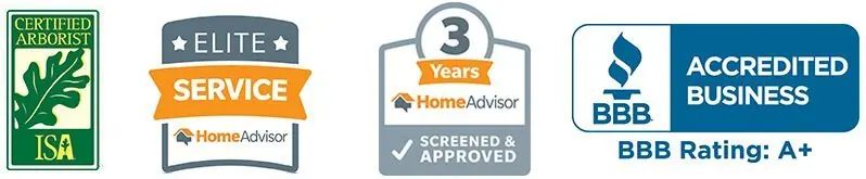 Badges: ISA Certified Arborist, HomeAdvisor Elite Service, HomeAdvisor 3 Years Screened and Approved, BBB Accredited Business A+