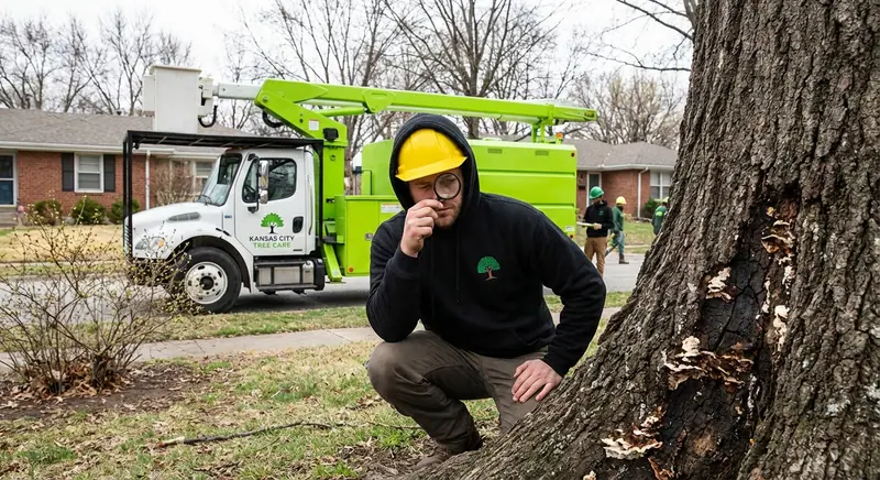 Arborist inspecting a diseased tree trunk with a magnifying glass, a bucket truck and crew in background