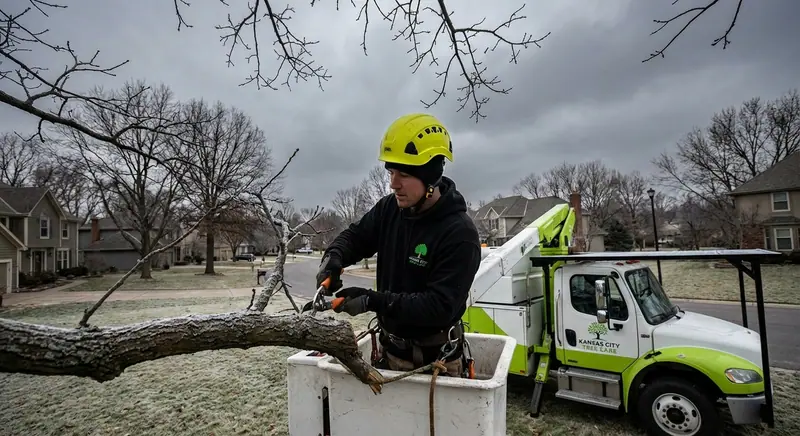 Arborist prunes a frost-covered tree branch from a bucket lift