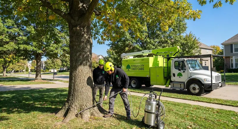 Two tree care crew members treating a large tree's base with a sprayer, a company truck nearby