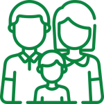 Green outline graphic of a family with a father, mother, and young child, representing a household