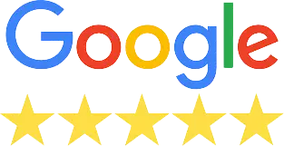 Google logo above five bright yellow stars indicating a perfect 5-star rating on a black background
