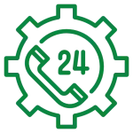 Green outline graphic of a gear surrounding a telephone icon and the number 24