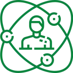 Green outline graphic of a person at the center of a network of interconnected circles