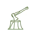 Simple green outline graphic of an axe stuck in a freshly cut tree stump