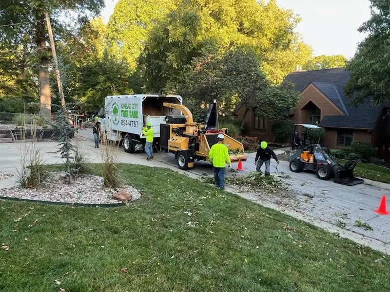 Kansas City Tree Care crew chipping branches with a wood chipper and loader on a residential street