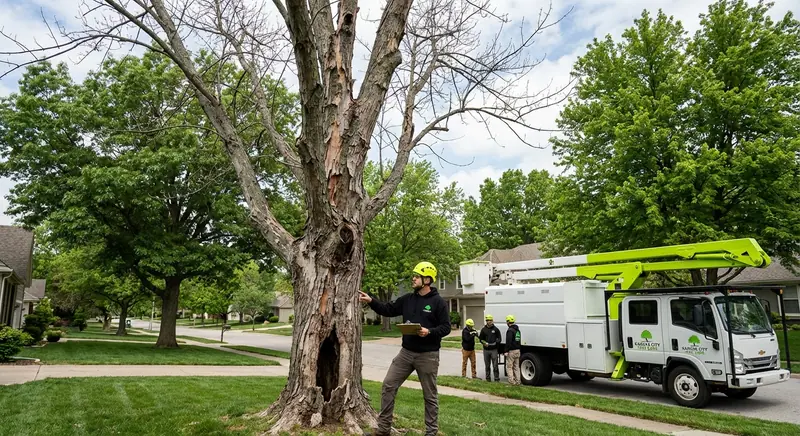 A tree care crew inspects a large, partially dead tree with a hollow base on a residential street