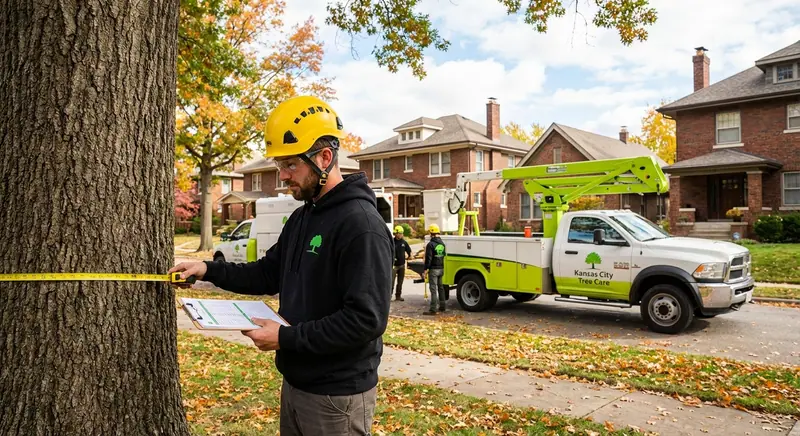 Tree care crew member measures tree trunk with tape measure, holding clipboard, by boom truck