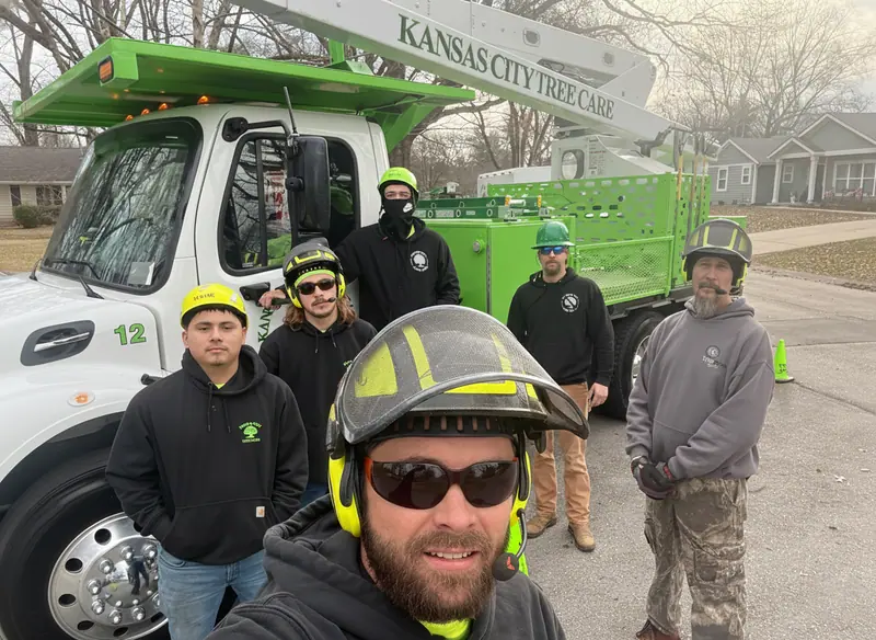 Six tree care crew members pose with a green and white truck labeled 'KANSAS CITY TREE CARE'