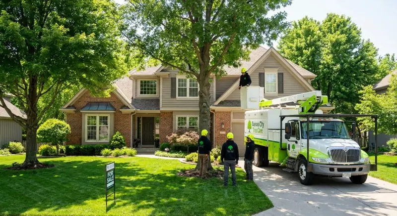 A tree care crew prunes a large tree in front of a house. a bucket truck is parked