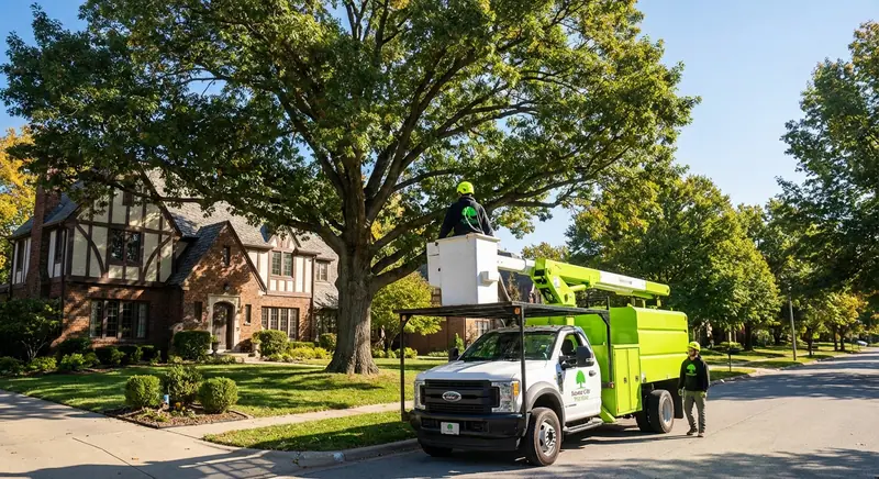 Two tree care crew members prune a large tree from a bucket truck on a residential street