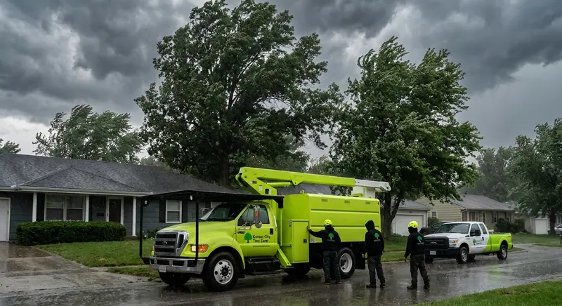 Tree care crew with bucket truck and pickup on wet street under stormy sky