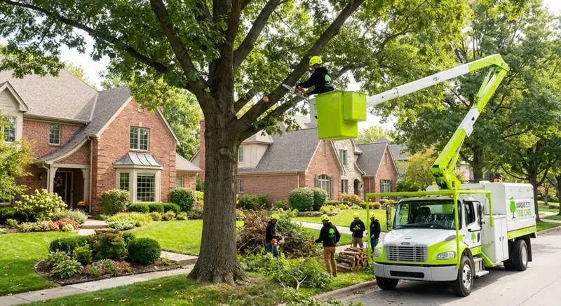 A tree care crew trims a large tree in a residential neighborhood with a bucket truck