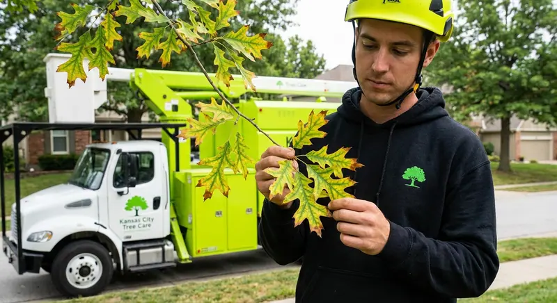 A tree care worker examines yellowing leaves on a branch next to a boom truck