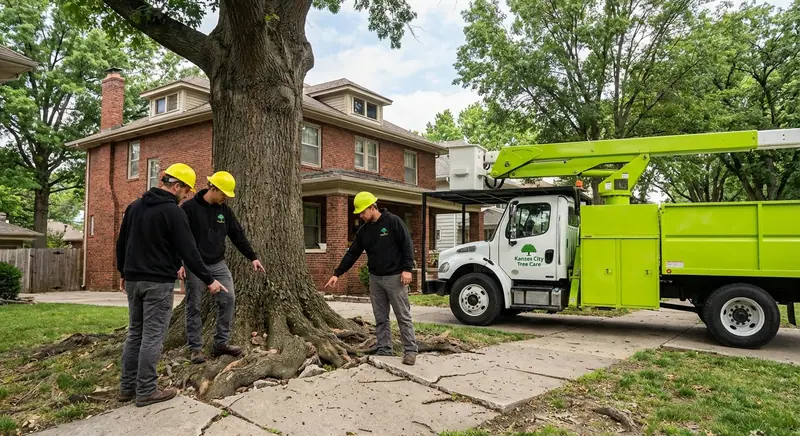 Three tree care workers inspecting large tree roots cracking a sidewalk