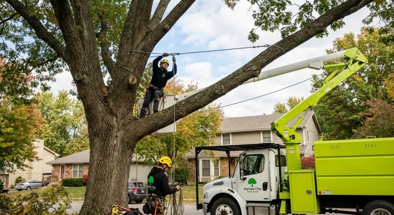 Tree care workers installing support cables in a large tree using a boom lift truck