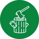 Graphic of a tree stump with an axe embedded in its top, next to a smaller log