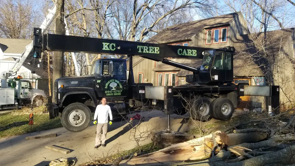 Black crane truck lettered KC Tree Care on the boom