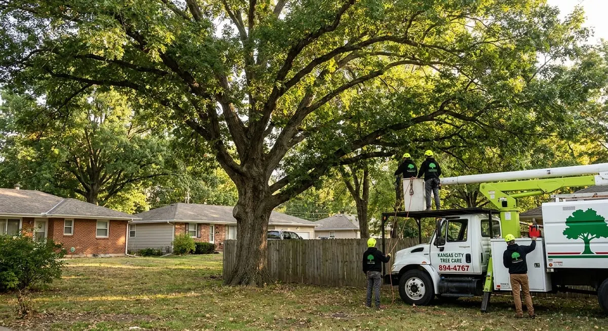 Kansas City Tree Care crew working from a lime-green bucket truck beside a house