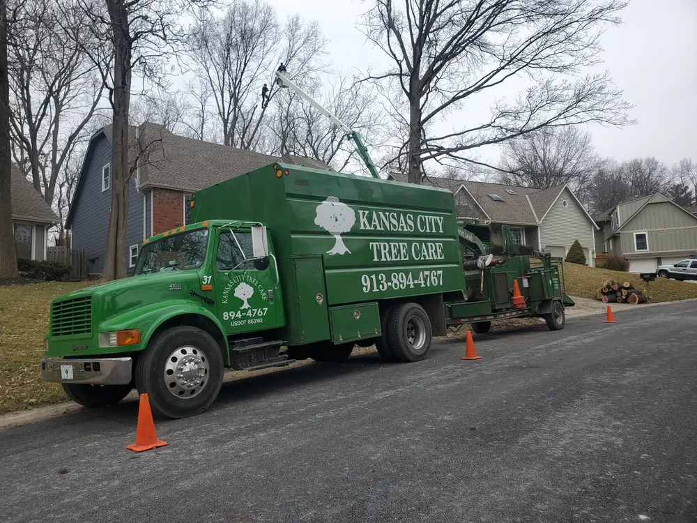 Green Kansas City Tree Care chip truck with white lettering and 913-894-4767