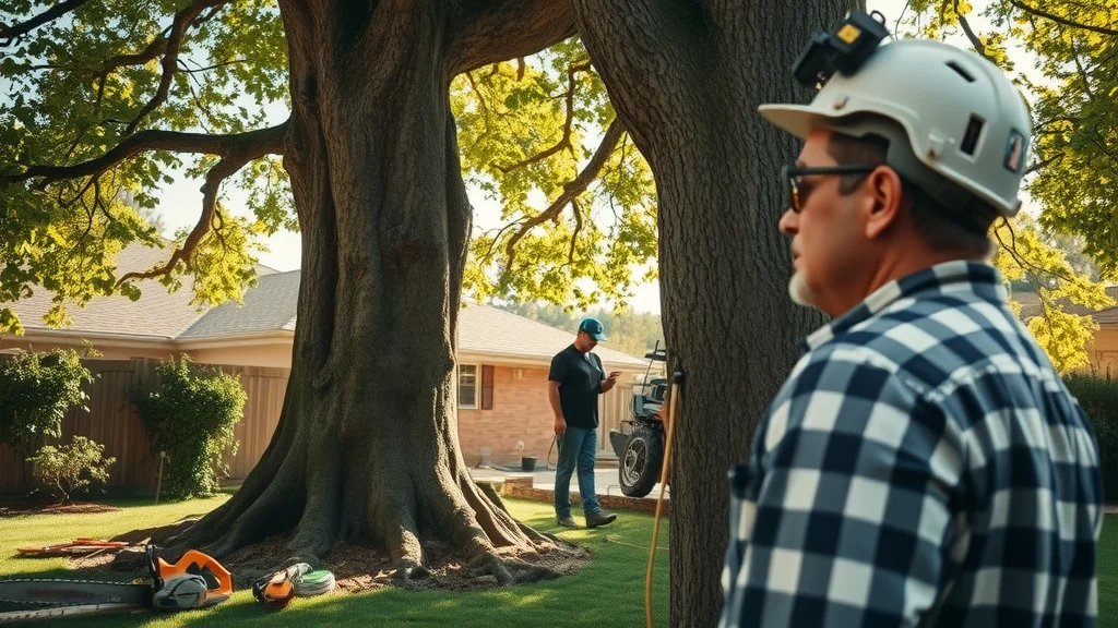 tree removal—A concerned homeowner watching a professional tree expert inspect a large backyard tree for removal