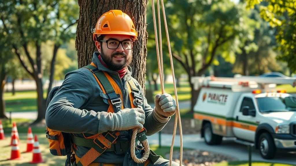 tree expert—Professional arborist using safety equipment to perform tree removal on an urban property
