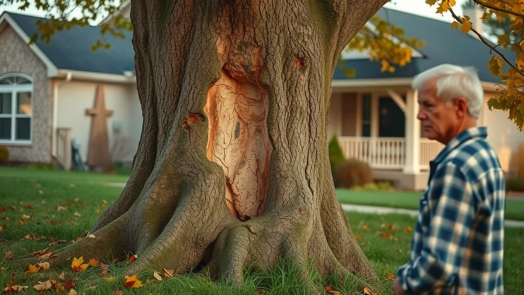 tree care—Homeowner assessing a cracked or leaning diseased tree for removal needs