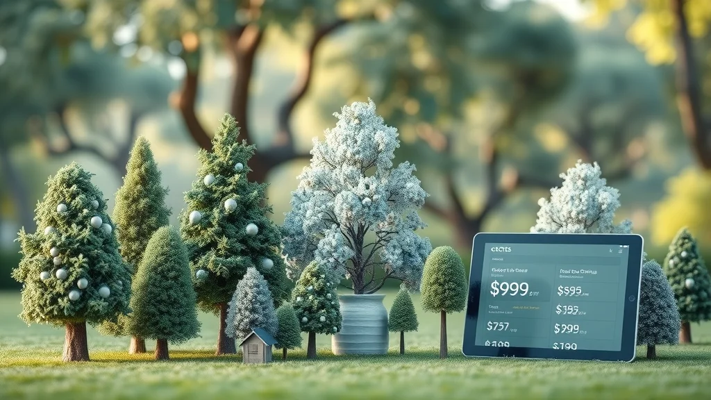 tree removal cost—Various trees tagged with price markers and cost comparison for tree removal services