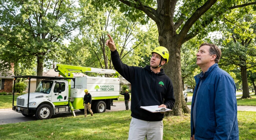Hire an Arborist Kansas City - ISA certified arborist consulting with a homeowner about tree health
