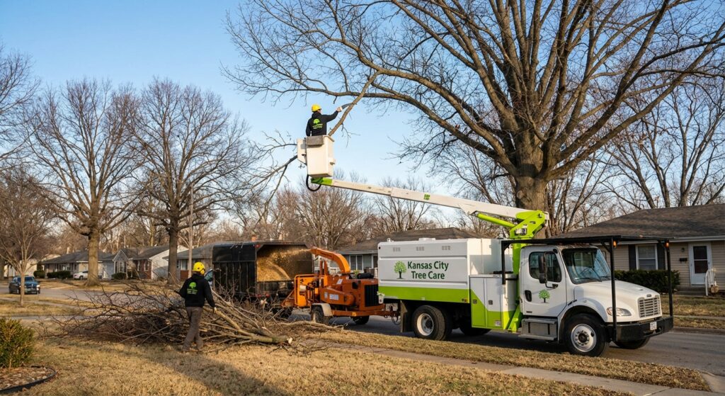 Best Time to Trim Trees Kansas City - Professional crew trimming a mature tree in late winter