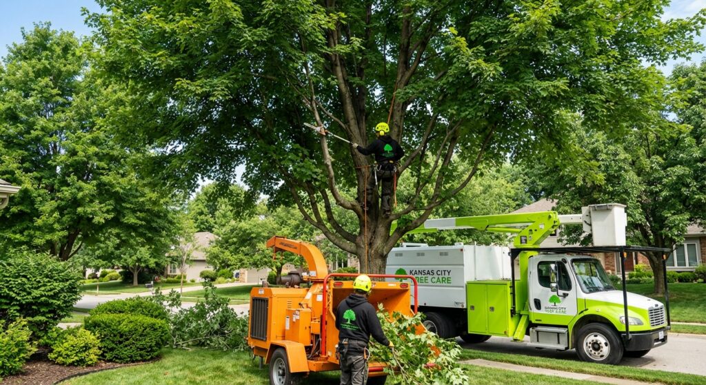 How Often to Trim Trees Kansas City - Tree trimming crew maintaining a mature residential tree