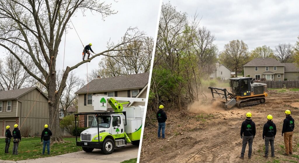 Land Clearing vs Tree Removal - Side comparison of full clearing and single tree removal