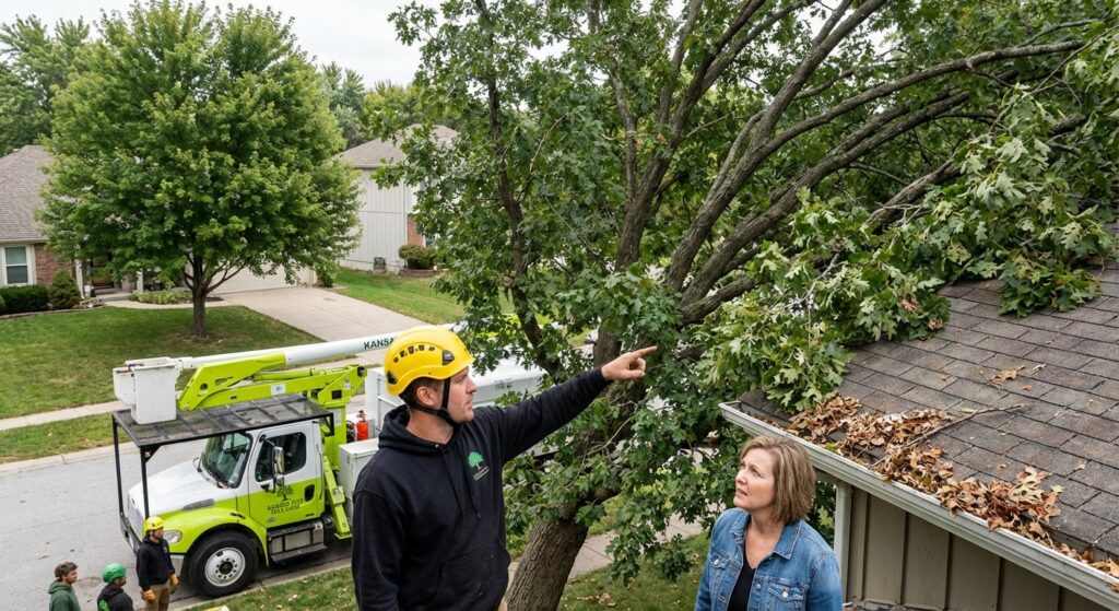 Overgrown Trees Damaging Property - Tree branches pressing against a residential roof