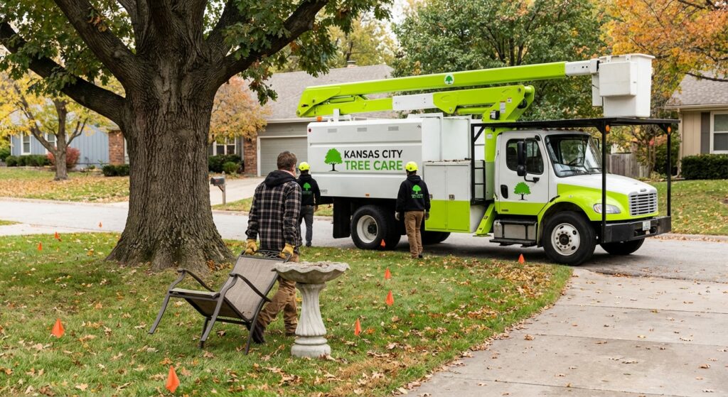 Prepare Your Yard for Tree Trimming - Homeowner clearing patio furniture before crew arrives