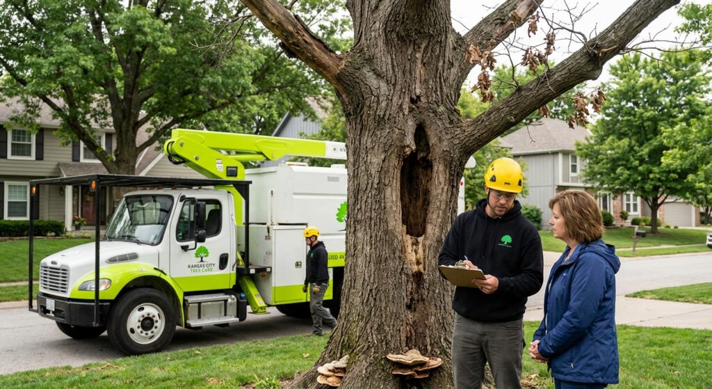 Signs Your Tree Needs Removal - Kansas City arborist inspecting a damaged tree trunk