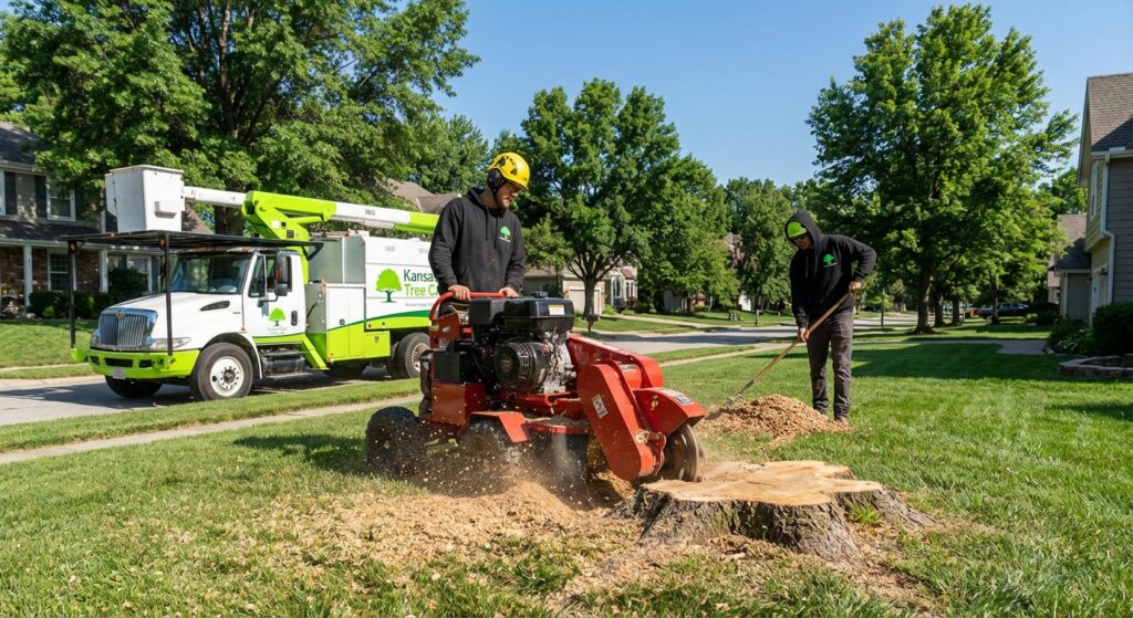 Stump Grinding Kansas City - Kansas City Tree Care crew operating a professional stump grinder