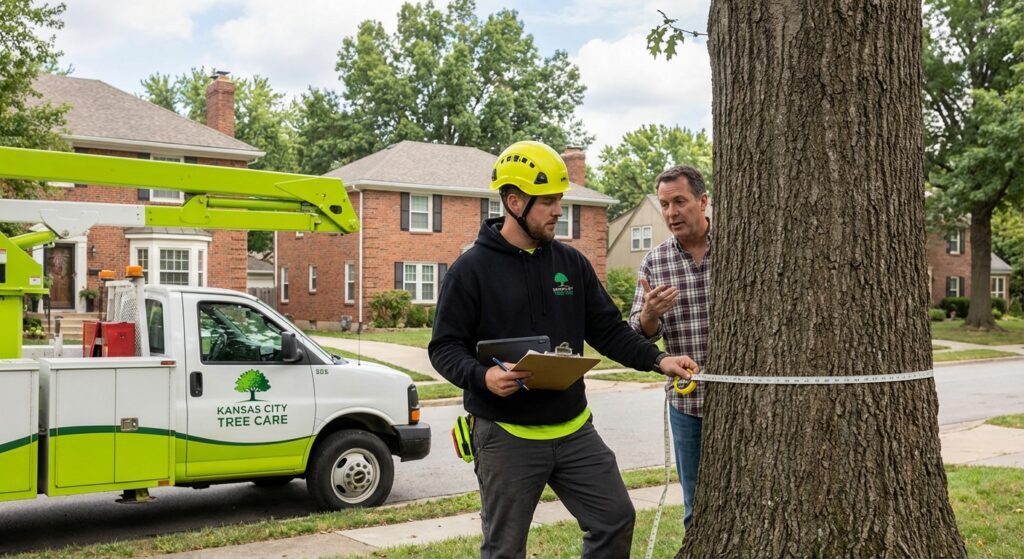 Tree Removal Permit Kansas City - Arborist evaluating a tree on a residential property