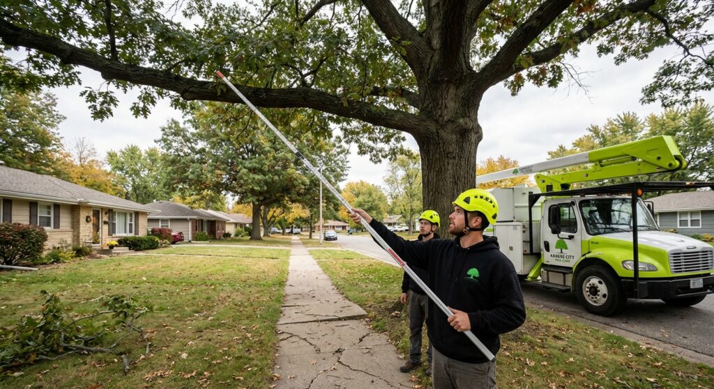 Tree Trimming Rules Kansas City - Arborist measuring clearance over a sidewalk