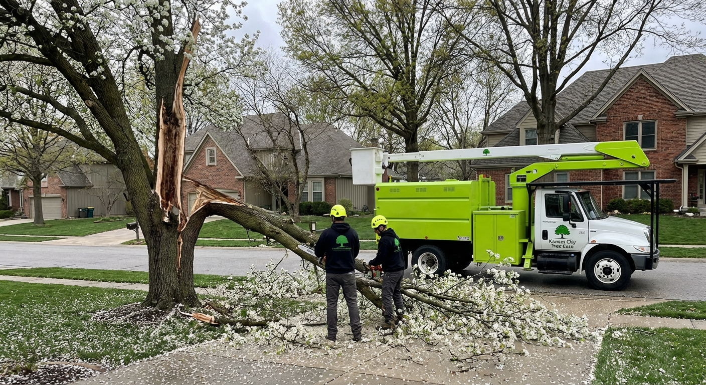 Bradford pear tree removal Overland Park - Split Bradford pear after spring storm