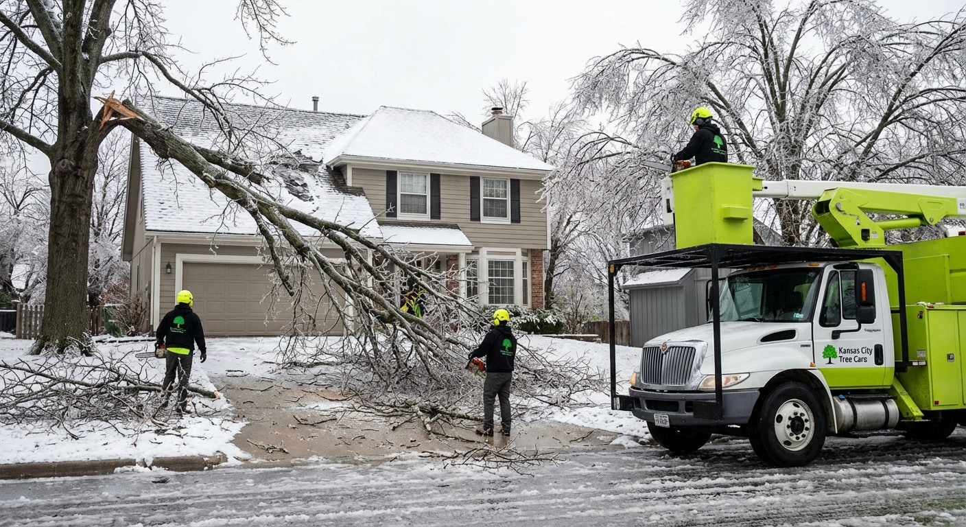 Ice storm tree damage Kansas City - Broken tree limb on roof covered in ice