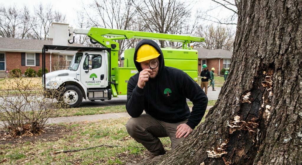 Oak tree disease identification in Kansas City - Arborist examining diseased oak bark