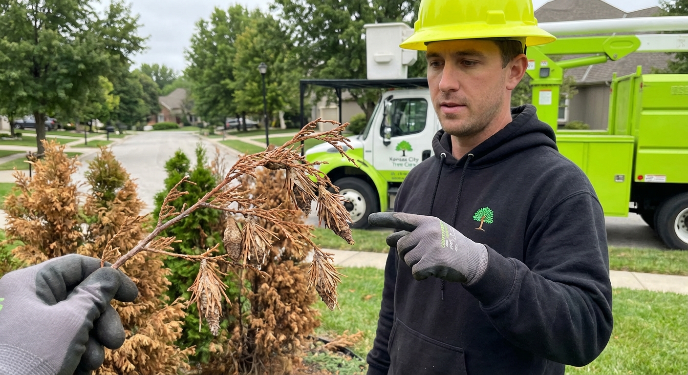 Bagworm webworm Overland Park – Bagworm cocoons hanging from arborvitae branch