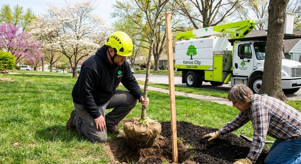 Best trees plant Kansas City - Young bur oak sapling planted in spring yard