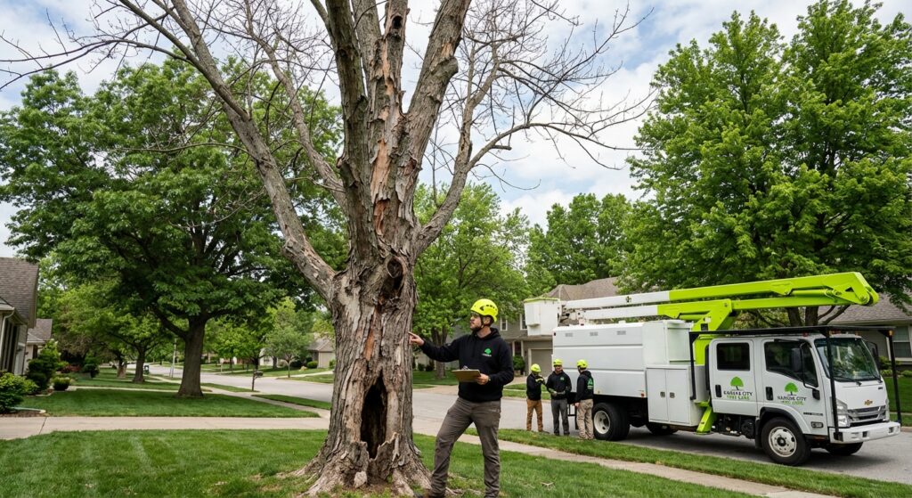 Dead tree warning signs Overland Park - Dying silver maple with bark sloughing and bare branches