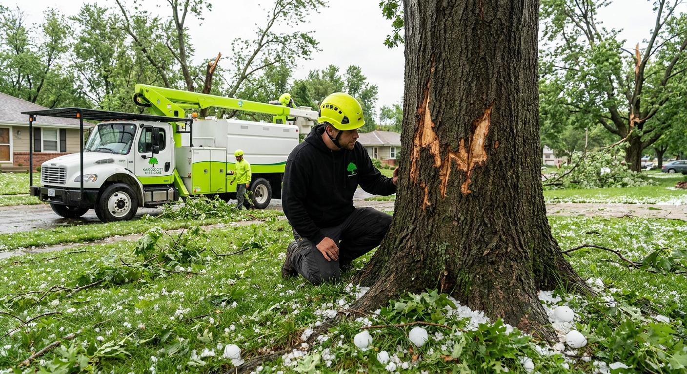 Hail damage tree Kansas City - Shredded leaves and bark scarring on tree after severe hailstorm