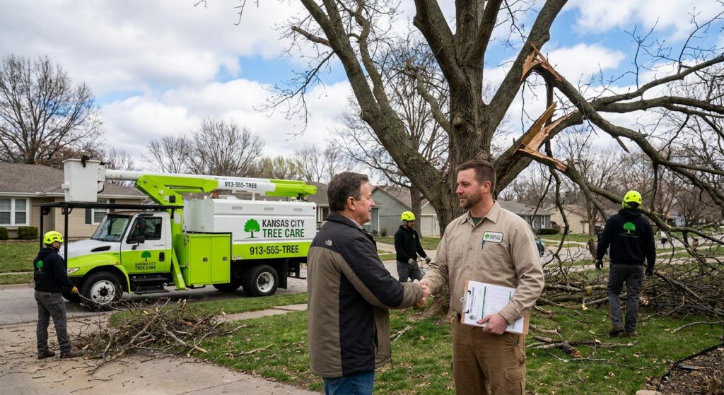 Hiring tree service Kansas City - Homeowner discussing estimate with certified arborist after storm