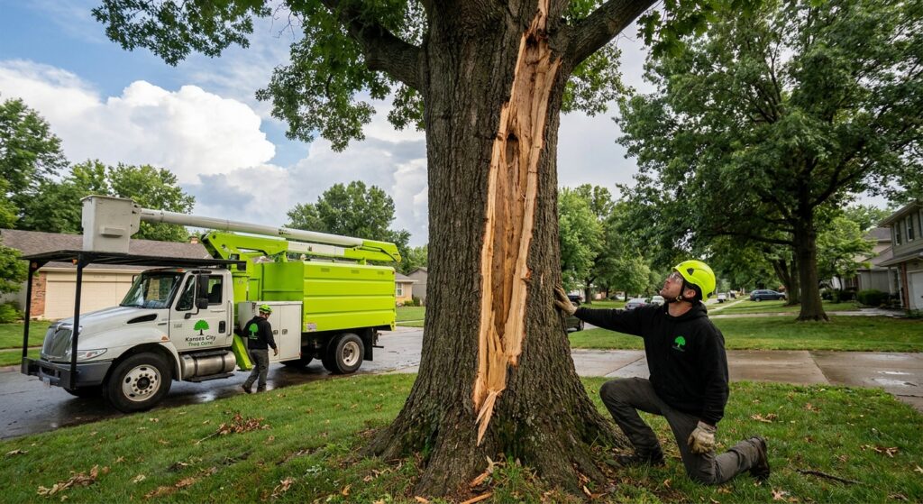 Lightning damage tree Kansas City - Mature oak with bark blown off in vertical strip from lightning strike
