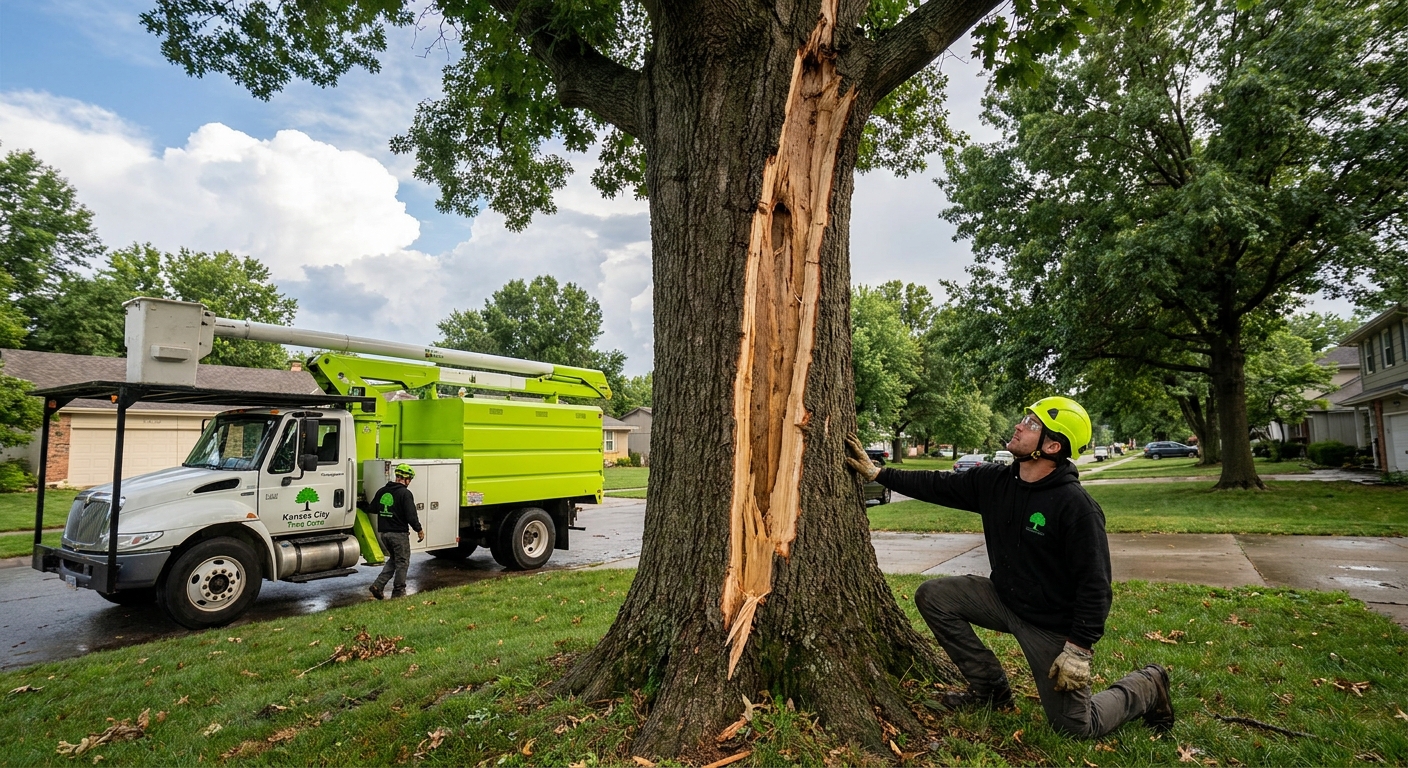 Lightning damage tree Kansas City - Mature oak with bark blown off in vertical strip from lightning strike