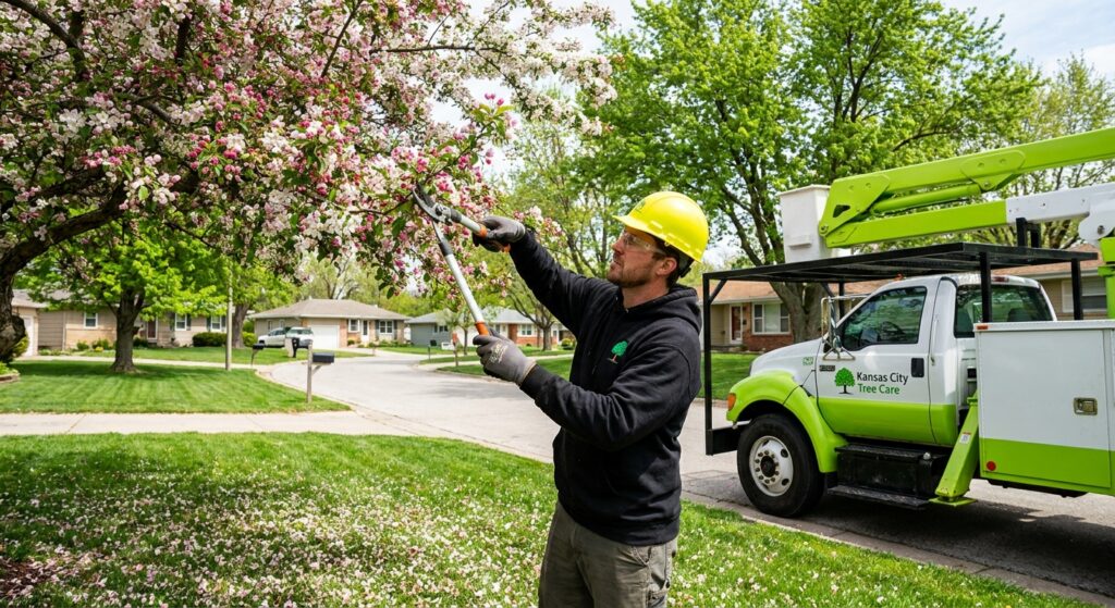 Spring pruning Kansas City - Arborist pruning flowering crabapple tree after bloom
