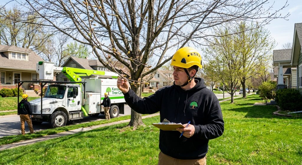 Spring tree care Kansas City - Arborist inspecting budding tree in spring yard